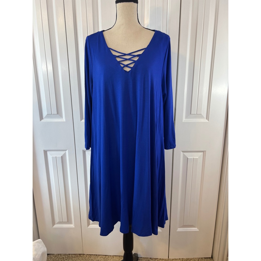 Emerald Royal Blue Lattice V-Neck Long Sleeve Swing Dress with Pockets 1X